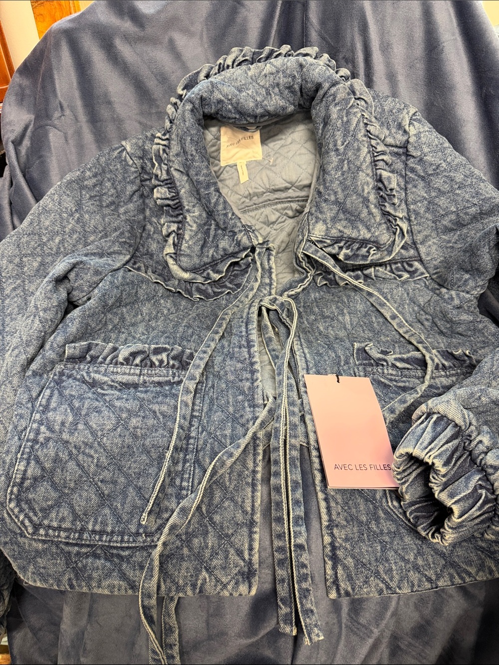 Avec Les Filles Light Blue Quilted Denim-Effect Ruffle Tie Jacket